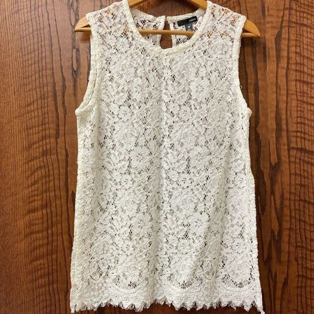 Aqua cream sheer lace scoop neck sleeveless tunic tank